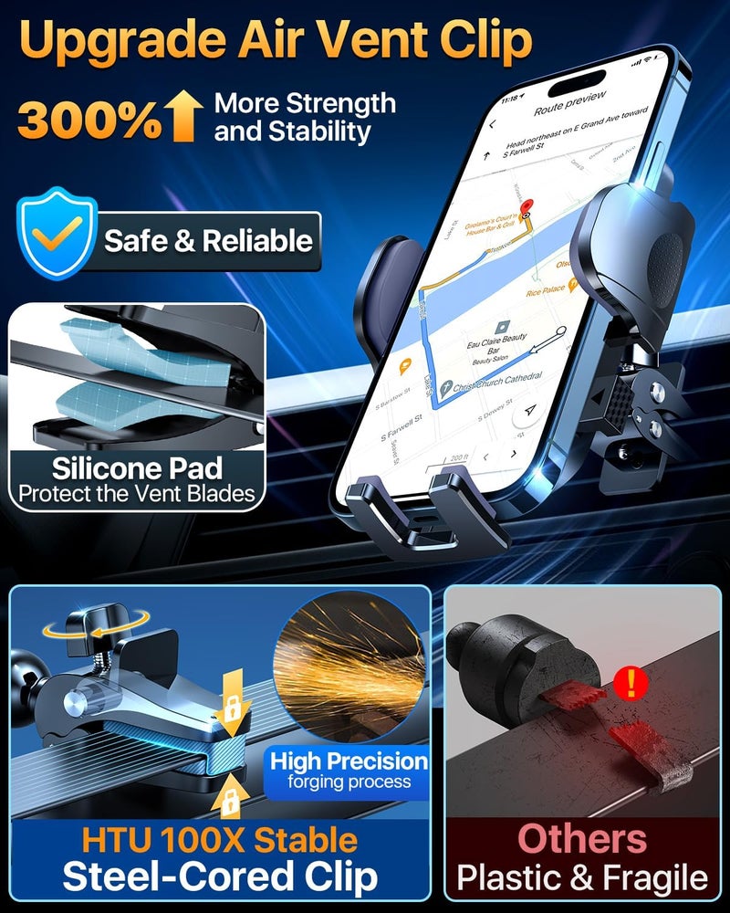 HTU 【98+LBS Strongest Suction & Military-Grade】 Ultimate Car Phone Mount【Patent & Safety Certs】 Cell Phone Holder Truck Stand for Dashboard Windshield Vent for iPhone 17 Pro Max 16 15 Samsung (Black) - Image 4